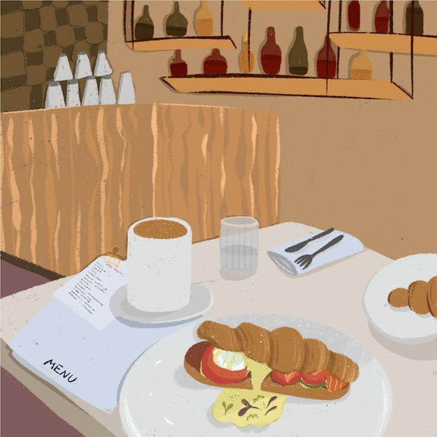 Café da manhã no restaurante croissant e café menu interior do café