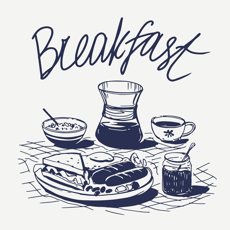 Vetor café de pequeno-almoço ilustrações de esboços vetoriais de alimentos desenhados à mão