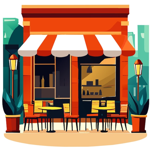 Vetor café de rua da cidade com mesas e cadeiras no beco do parque ilustração de desenho animado vetorial
