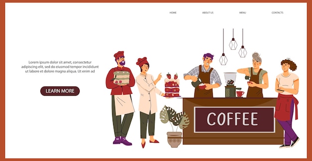 Café ou confeitaria café web banner design de interface plana vetor