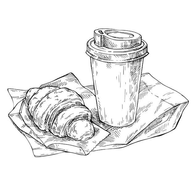 Vetor café para viagem e saco de papel de croissant esboce o esboço de café desenhado à mão da xícara ecológica para viagem em branco
