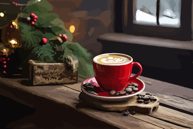 Café quente em uma xícara vermelha em um fundo escuro com decorações de natal imagem tonificada