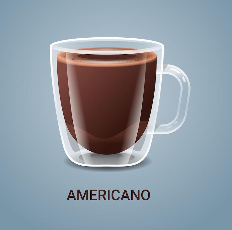 Vetor café realista em copo de vidro quente americano bebida ilustração vetorial vertical