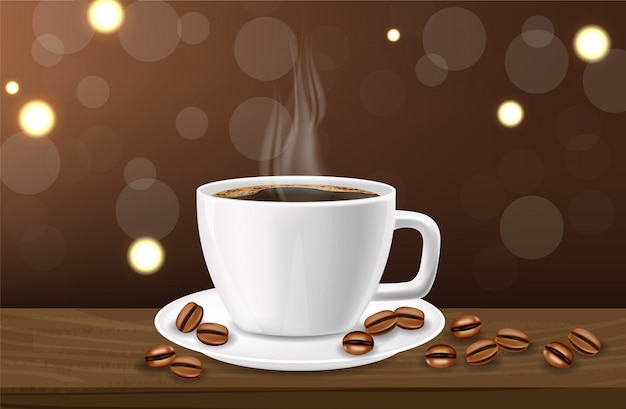 Café realista, xícara de café preto e grãos de café, copo branco realista, bebida quente
