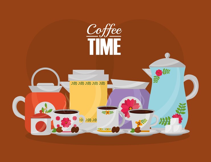 Vetor cafeteira e copos conjunto decoração de flores
