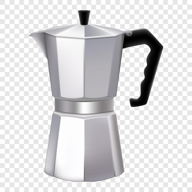 Cafeteira metálica italiana isolada no branco. cafeteira mocha para fazer café expresso. máquina de café geyser, design de símbolo de máquina de café expresso retro. ilustração 3d realista do vetor.