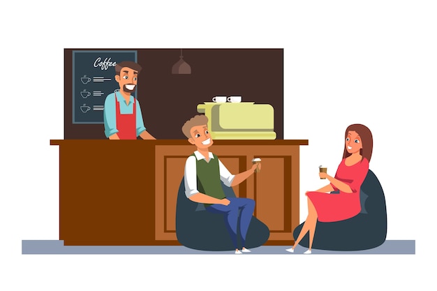 Cafeteria de amigos reunião ilustração plana, barista alegre e personagens de desenhos animados de clientes, encontro no café, homem e mulher sentam e conversam, pausa para o café. negócio de catering, venda de bebidas