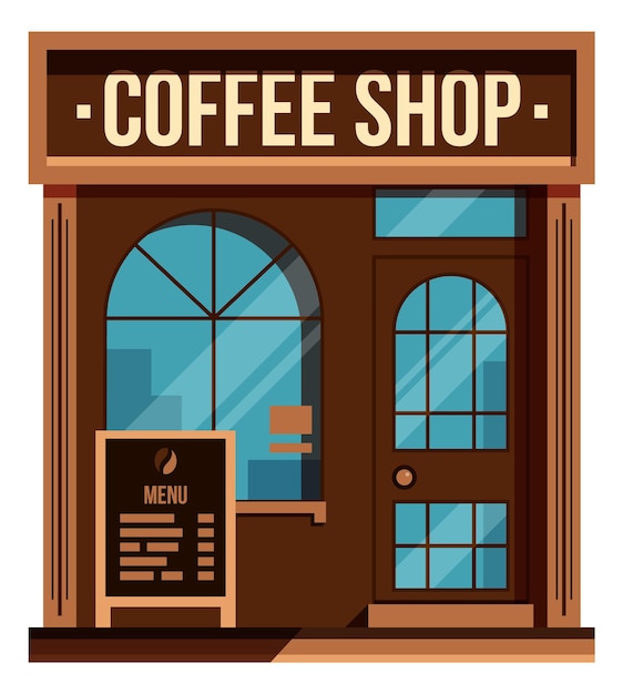 Vetor cafeteria. fachada do café dos desenhos animados. loja de rua pequena