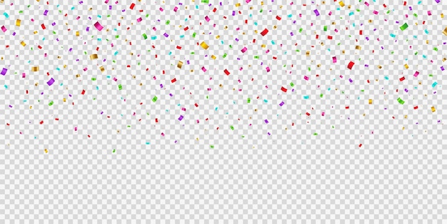 Caindo confete brilhante brilhante sobre fundo transparente. O ouropel festivo de festa e aniversário em ouro, vermelho, rosa, roxo, azul, amarelo e verde.