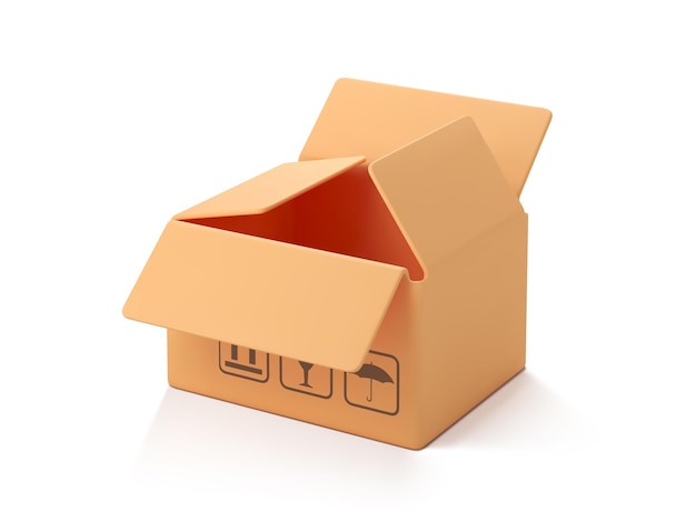Vetor caixa aberta de papelão 3d isolada em fundo branco caixa de carga de entrega caixa de papelão estilo desenho animado ou pacote de entrega 3d vetor realista
