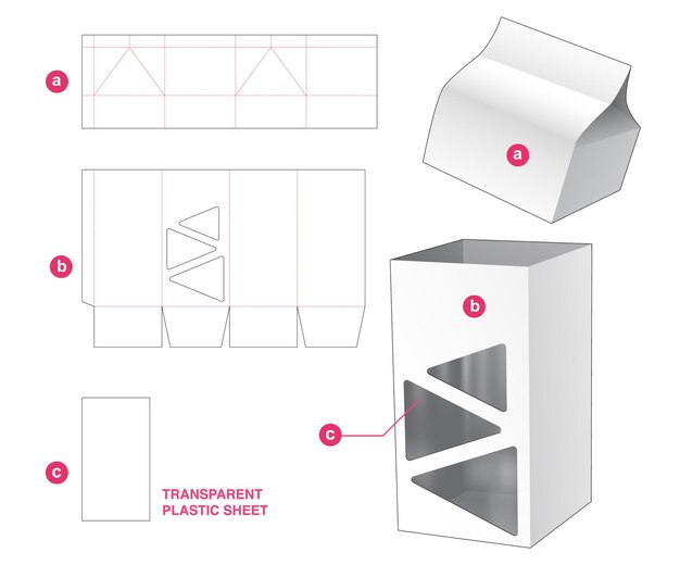 Caixa alta com tampa e janelas triangulares com molde de folha de plástico transparente