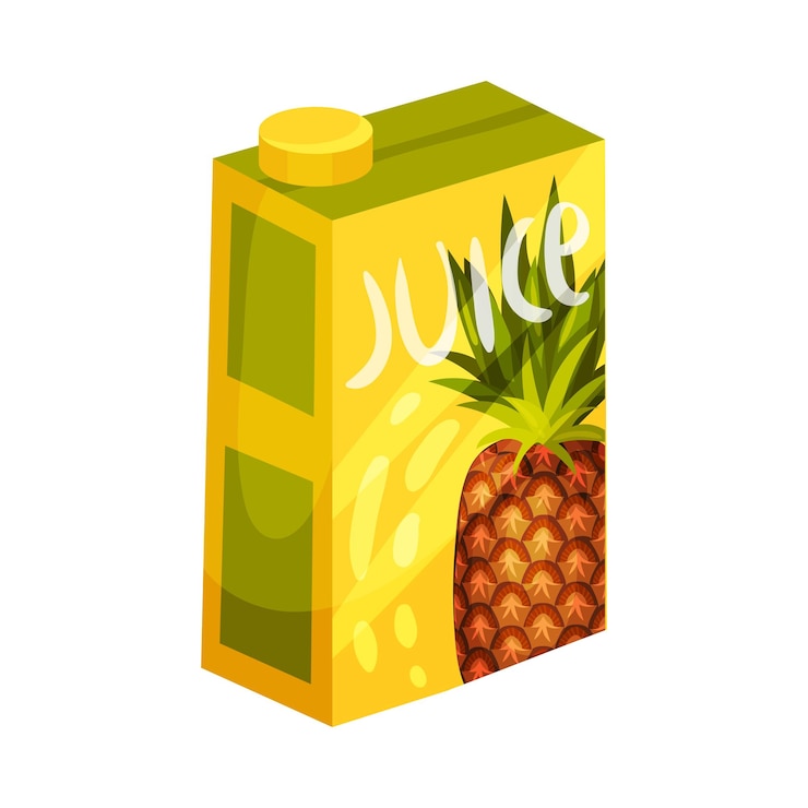 Vetor caixa amarela de tetrapack com suco de abacaxi ilustração vetorial em fundo branco
