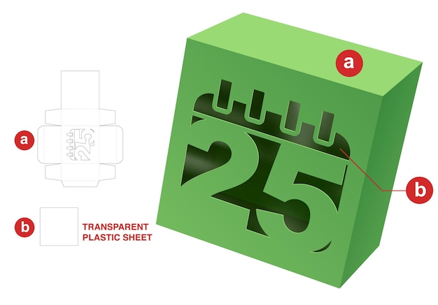 Caixa com modelo de corte e vinco de janela de data e maquete 3d