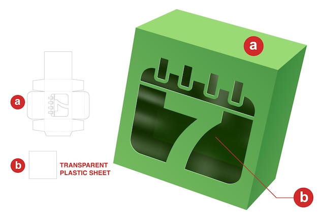 Caixa com modelo de corte e vinco de janela de data e maquete 3d