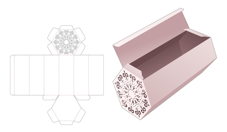Vetor caixa comprida em formato hexagonal com molde de mandala recortado em estêncil