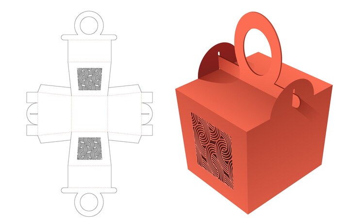 Vetor caixa de alça circular com modelo de corte e vinco de janela padrão estampado e maquete 3d