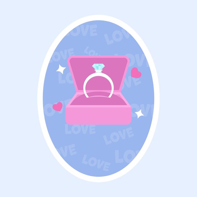 Caixa de anel de diamante aberta com corações voadores em texto de amor azul sem costura fundo oval
