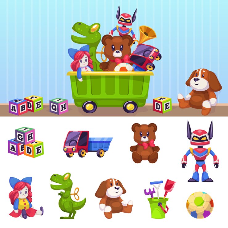Vetor caixa de brinquedos para crianças. recipiente de brinquedo de crianças com jogar blocos carros casa e cerveja cartoon conjunto