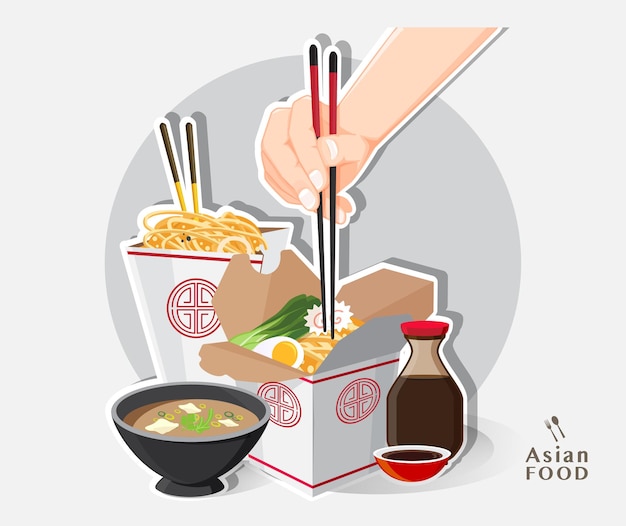 Caixa de comida chinesa take away, caixa de macarrão take away, ilustração