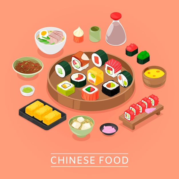 Caixa de comida de vetor de sushi chinês, prato, pauzinhos, vista superior, sushi