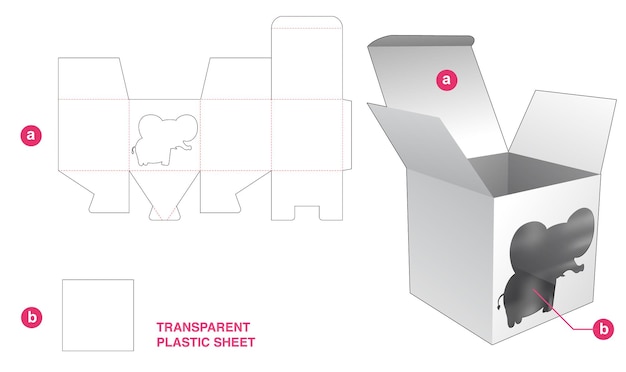 Caixa de embalagem com janela de elefante e modelo de corte e vinco de folha de plástico transparente