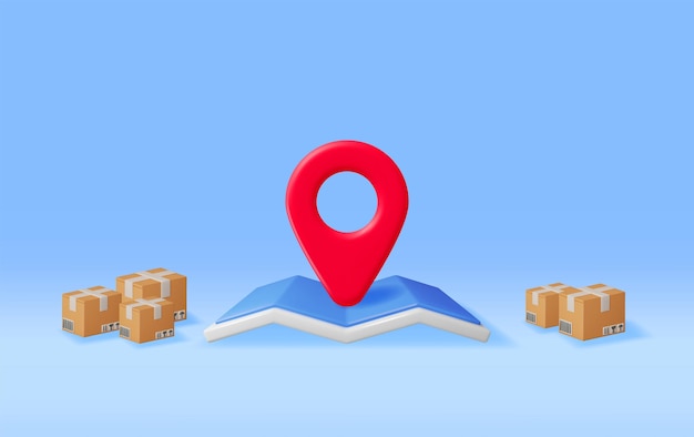 Caixa de embalagem de papelão 3D com mapa e pino de localização
