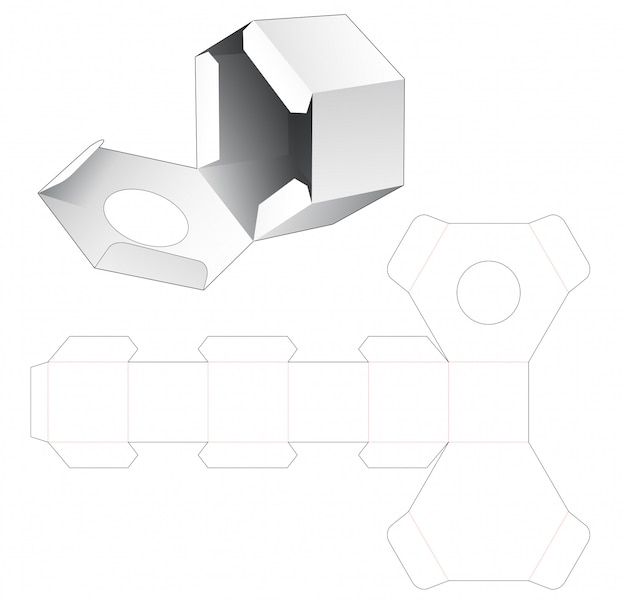 Caixa de embalagem hexagonal com janela circular no modelo de aleta die cut