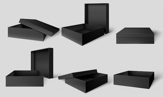 Caixa de embalagem preta. Caixas escuras abertas e fechadas, conjunto de ilustração vetorial modelo de maquete de papelão pacote