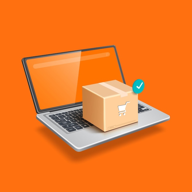 Caixa de encomendas com ícone de confirmação de pedido é colocada em um laptop de computador e tudo flutuando no ar para projetar anúncios sobre envio e compras on-linevetor 3d isolado em backgroud laranja