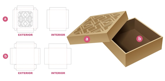 Caixa de lata rígida com modelo de corte e vinco de padrão geométrico estampado e maquete 3d