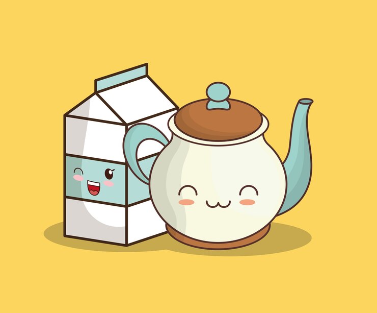 Vetor caixa de leite kawaii e bule de chá