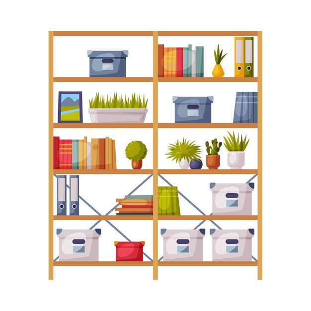 Caixa de livros de madeira para design de interiores de salas móveis confortáveis e acessórios de decoração doméstica Ilustração vetorial em fundo branco