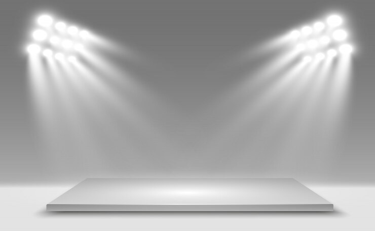 Caixa de luz 3d realista com fundo de plataforma para desempenho, show, exposição. Ilustração do Lightbox Studio Interior. Pódio com holofotes.