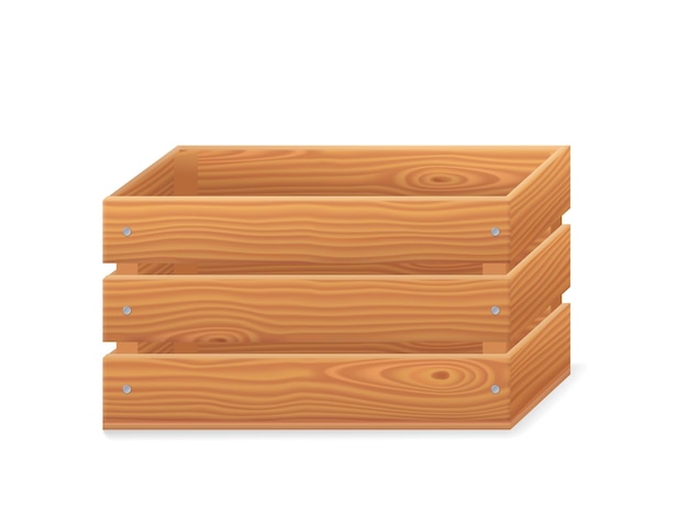 Caixa de madeira, caixa de jardim 3d para frutas e vegetais. cesta de madeira marrom para colheita em vista frontal. caixa de madeira vazia realista de vetor isolada no fundo branco