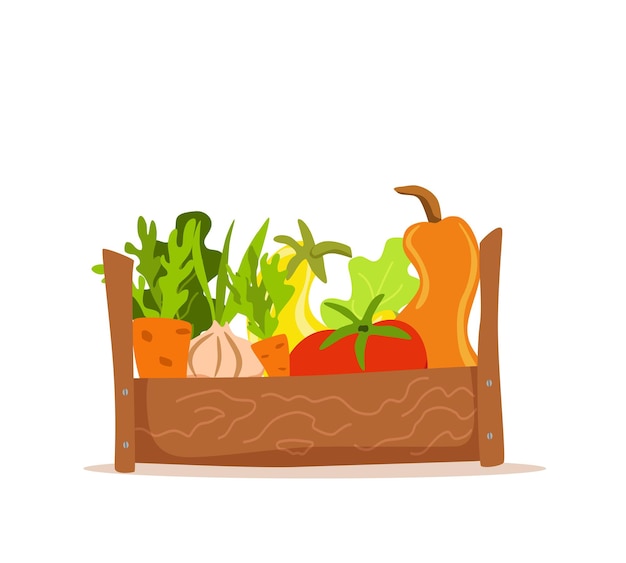 Caixa de madeira com ilustração em vetor desenhos animados coloridos de vegetais. conceito de mercado de nutrição vegetariana: cebola, abóbora, tomate, salada de cenoura e outros produtos. pacote de entrega de colheita de alimentos orgânicos saudáveis