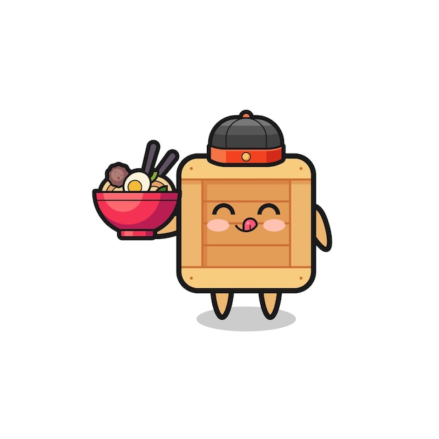 Vetor caixa de madeira como mascote de chef chinês segurando uma tigela de macarrão, design bonito