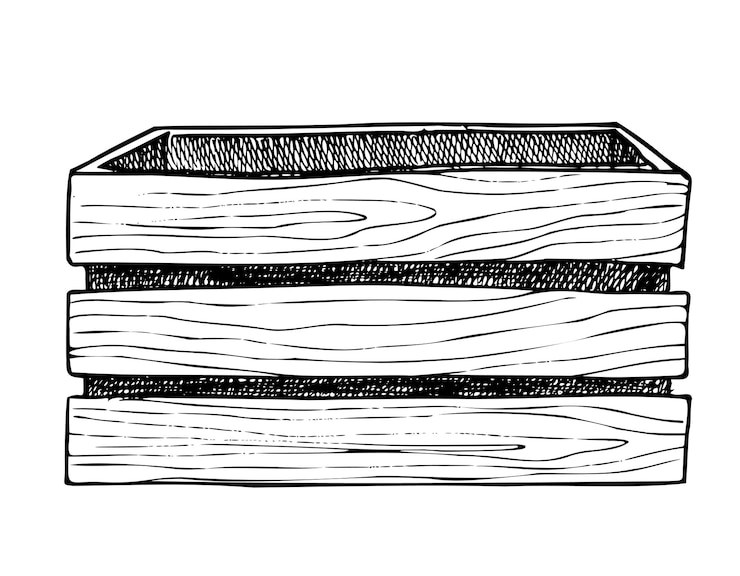 Vetor caixa de madeira de armazenamento para flores ou frutas ilustração vetorial desenhada à mão isolada em fundo transparente pintada com tintas pretas no estilo de arte de linha desenho de velho recipiente vazio com tábuas