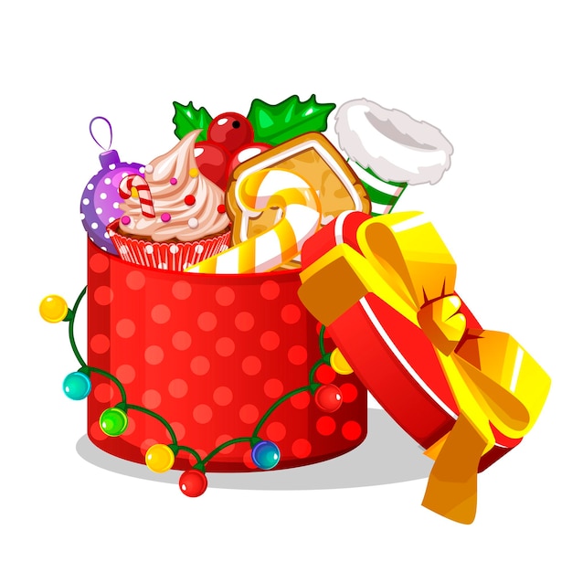 Caixa de natal com doces e guirlanda para design gráfico presente de ano novo vermelho vetor isolado