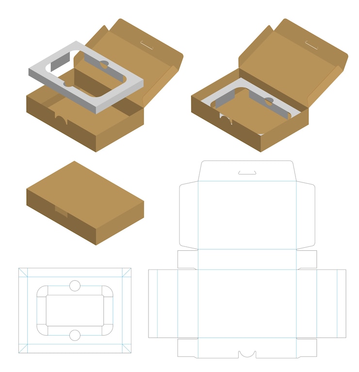 Vetor caixa de pacote de papelão ondulado cortado com 3d mock up