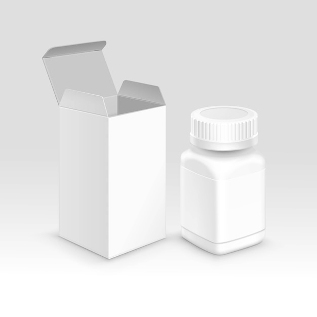 Caixa de papel de embalagem médica em branco e garrafa para comprimidos