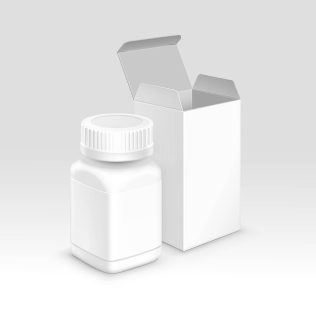 Caixa de papel de embalagem médica em branco e garrafa para comprimidos