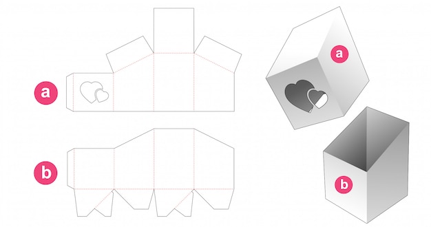 Caixa de papelão e tampa com modelo de janela de corações cortados