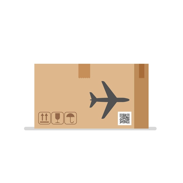 Caixa de papelão marrom pacote de carga entrega de avião ou aeronave ilustração vetorial isolada em branco