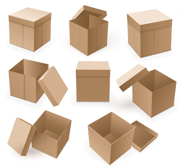 Caixa de papelão vazia. Abra a caixa marrom isolada.