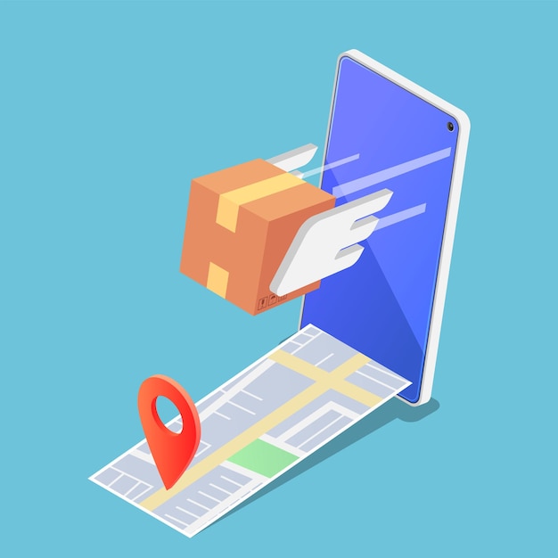 Caixa de parcelas isométrica 3d plana voando para a frente rapidamente de Smartphone com pino no mapa. Conceito de serviços de entrega rápida e segura.