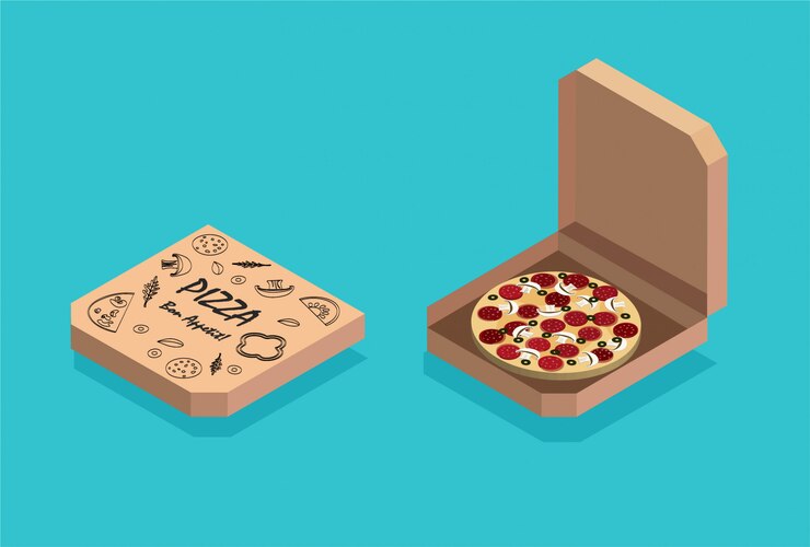Vetor caixa de pizza isométrica design plano isolada sobre fundo azul. comida italiana tradicional. ícone de pacote ou caixa. entrega de pizza. ilustração.