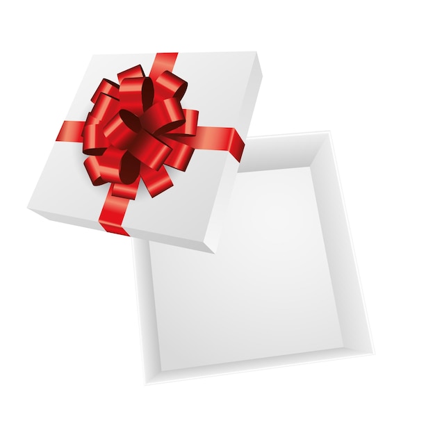Caixa de presente aberta branca com um laço vermelho coleção de presentes de Natal e aniversário