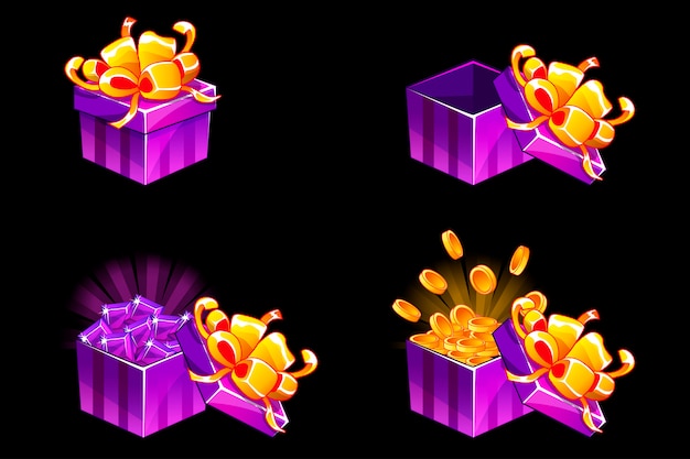 Caixa de presente aberta e fechada. Presente isométrico dos desenhos animados com moedas e pedras preciosas, ícones de bônus para recursos do jogo de interface do usuário.