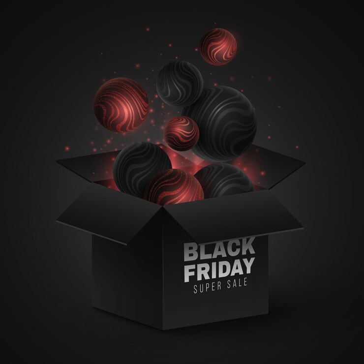 Caixa de presente aberta em 3D e esferas abstratas com padrão listrado ondulado brilhante para venda de Black Friday Bolas dinâmicas com poeira mágica Ilustração vetorial EPS 10
