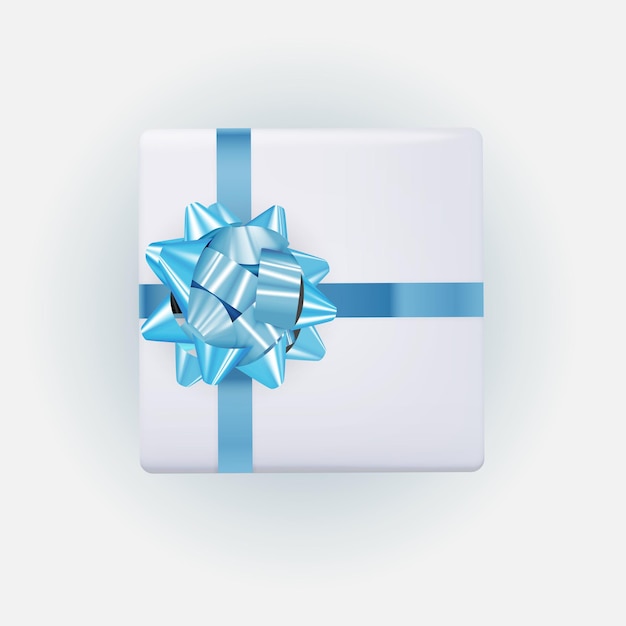 Caixa de presente azul com arco e fita.